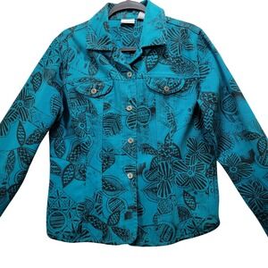 Chicos Turquoise Botanical Tribal Florals Button Up Womens Denim Jacket Size 1